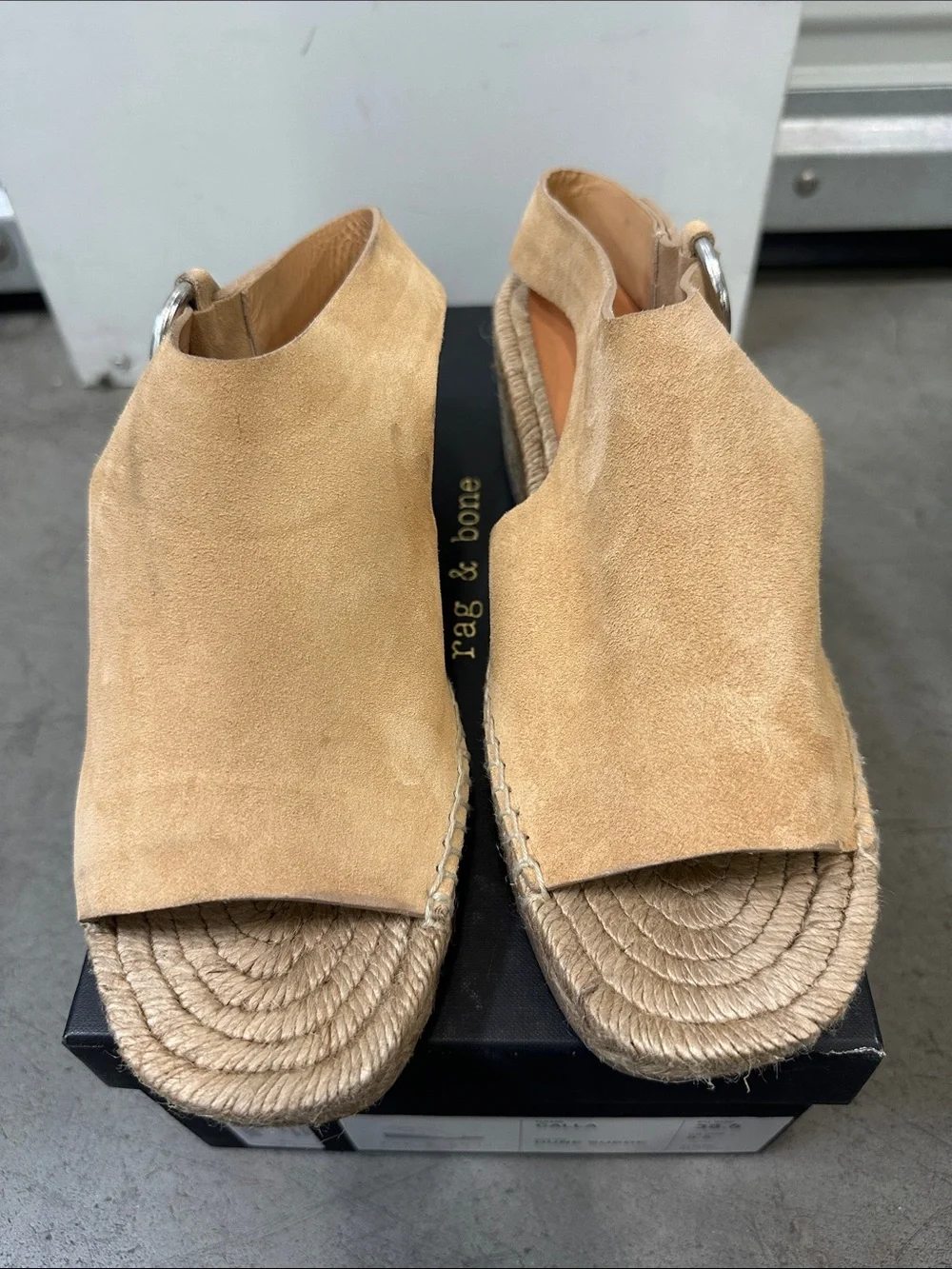 rag & bone Tan Suede Espadrille Wedge Sandals with Silver Buckle